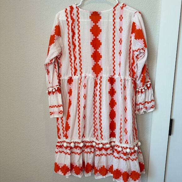 Bindu White Pink Red Boho Aztec Print 100% Cotton Mini Dress - Size L - EUC - Picture 7 of 9